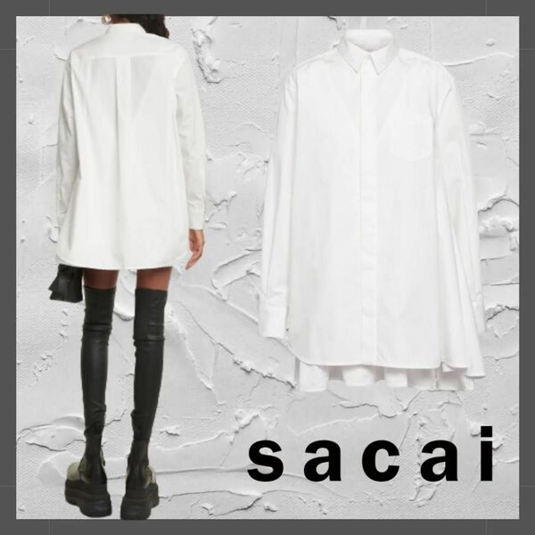 【Sacai】 タグ付きポプリン長袖シャツワンピース ホワイト コットン