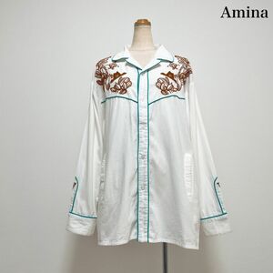 Amina アミナ オープンカラー刺繍シャツ ホワイト コットン インド製