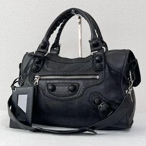 1円 ◎ BALENCIAGA バレンシアガ 204529 ジャイアント・シティ 2way ハンドバッグ ショルダーバッグ 黒 ブラック レザー カットワーク