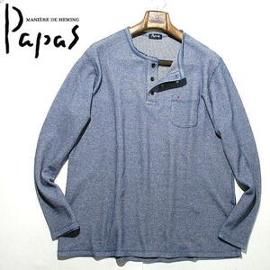  made in Japan V beautiful goods! Papas P Logo embroidery one Point long sleeve cut and sewn Henley neckline waffle cloth Papas LL size XL long T blue group 