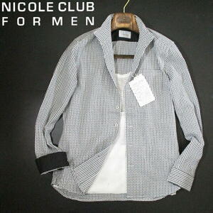 新品▼ ニコル　イタリアンカラー　長袖シャツ　衿ワイヤー　白 黒　刺し子　NICOLE CLUB FOR MEN　46　Mサイズ　ホワイト　ブラック 凹凸