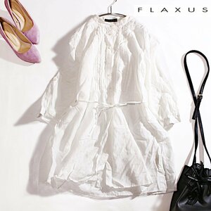 FLAXUS フラクサス 株) ワールド 夏 綺麗め ベルト付き ロング丈 レース 七分袖 シャツ フリルシャツ 9号 38 ホワイト 白 オーガンジー