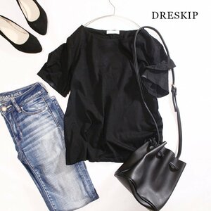 美品 DRESKIP ドレスキップ 株) ワールド 夏 フリル デザインスリーブ 半袖 シンプル Tシャツ カットソー M ブラック 黒