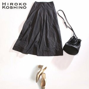 美品 ヒロココシノ HIROKO KOSHINO 春 夏 ほんのり艶 ナイロン ロングスカート 9号 ダークグレー ミセス 上品