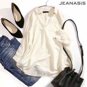 美品 ジーナシス JEANASIS 春 夏 七分袖 ～ 半袖 シルバースタッズ 2way ロールアップ シフォンカットソー ブラウス ホワイト 白 F