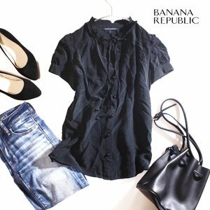 美品 バナナリパブリック Banana Republic 夏 絹100% とろみ シルクシフォン ブラウス 半袖シャツ デザイン ブラック 黒 S お洒落