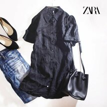 美品 ZARA ザラ 夏 ほんのり艶 マッド シンプル 半袖 ワンピース 半袖シャツワンピース S ブラック 黒 膝丈 ミニワンピース_画像1