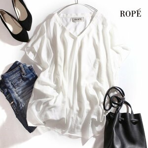 美品 ROPE’ ロペ 夏 2種生地 切替 軽やか 透け 半袖 シフォンカットソー M 9号 ホワイト 白 【M】
