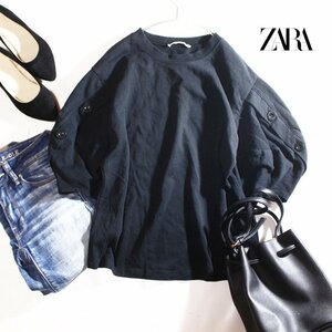 美品 ZARA ザラ 夏 シンプル 飾ボタン ゆったり ボリュームスリーブ 丸首 Tシャツ 半袖 カットソー S コットン