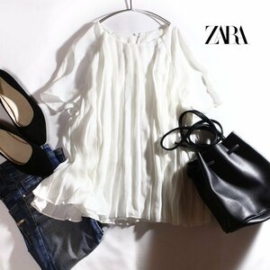 美品 ザラ トラファルク ZARA Trafaluc 夏 綺麗め プリーツ加工 半袖 シフォンカットソー プルオーバー ブラウス M ホワイト 白