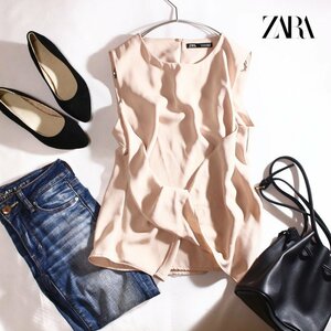 美品 ZARA ザラ 夏 ジャージ― ノースリーブカットソー M ピンクベージュ 捻じれギャザー 綺麗め コンサバ