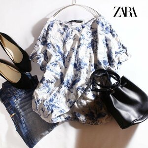 やや美品 ZARA ザラ 夏 ゆったり シンプル ナチュラル リアル フラワー イラスト 透け リネン 半袖 カットソー L ホワイト 白 ネイビー 紺