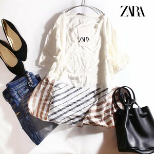 新品 未使用 ZARA ザラ 夏 ゆったり シンプル ナチュラル 2種生地 切替 半袖 ロングカットソー Tシャツ S ホワイト 白 ネイビー ストライプ