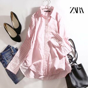 美品 ZARA ザラ 春 夏 ストライプ柄 きれい色 ビック ロング丈 長袖シャツ ゆったり S ピンク ホワイト 白 透け シンプル