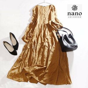 美品 ナノユニバース nano・universe 夏 シワ ロング丈 マキシワンピース シャツワンピース ロングワンピース ベージュ キャメル F