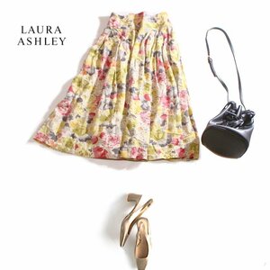 美品 ローラアシュレイ Laura Ashley 春 夏 イラスト フラワー プリント 柄 ボリューム フレアスカート マキシスカート ホワイト 白 11号