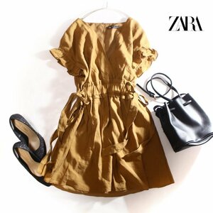 美品 ZARA ザラ 夏 可愛い 調整可能 ベルト一体 半袖 ワンピース M キャメル ベージュ 膝丈 フリル 縊れ 女の子 シャツ生地 レーヨン