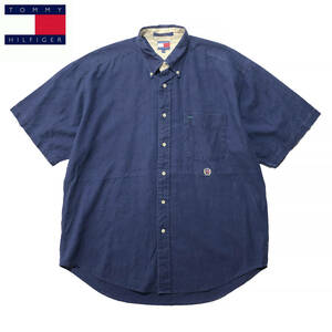 90S トミーヒルフィガー ネイビー リネンシャツ BDシャツ 半袖シャツ ボタンダウン リネン/コットン 刺繍ロゴ ヴィンテージ 紺色 BF0734