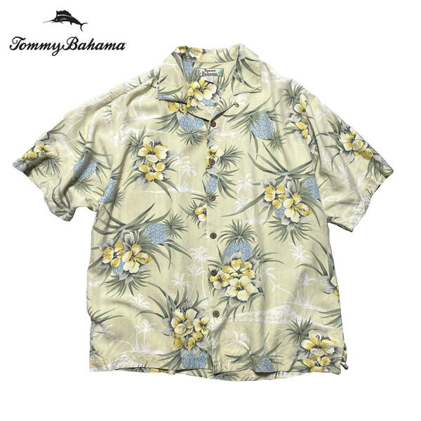 90S USA 古着 Tommy Bahama トミーバハマ アロハシャツ キャンプシャツ 開襟 シルク メンズM グリーン BF1439