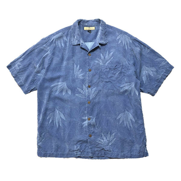 USA 古着 アロハシャツ キャンプシャツ トミーバハマ Tommy Bahama 開襟 ネイビー シルク ジャガード メンズL BF1915