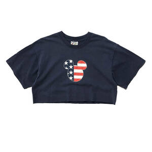 USA 古着 Tシャツ ディズニー ミッキーマウス リメイク クロップド ショート丈 切りっぱなし カットオフTシャツ レディース M BA2761