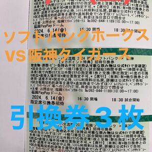 ソフトバンクホークスVS阪神タイガース 6/14(金) みずほPayPayドーム 18時30分〜試合開始 3枚