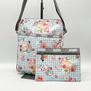 極美品■LeSportsac レスポートサック ショルダーバッグ ポーチ付 カラフル 斜めがけ 総柄 フルーツ チェック レディース ZAA0503H