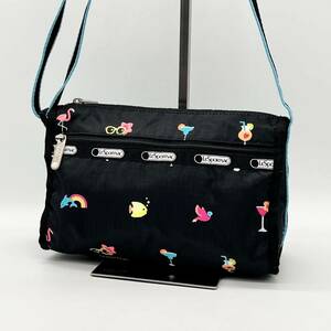 極美品■LeSportsac レスポートサック ショルダーバッグ ナイロン カラフル 海 お魚 ビーチ ストライプ ミニショルダーバッグ ZAA0503I