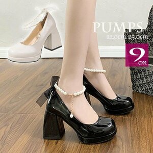  lady's pumps mules shoes 9cm black black ribbon pearl style up legs length 22.0cm(34) black 