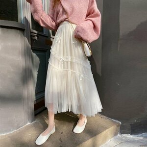 ロングスカート　フリルチュールスカート　リボン　レディース　INS　韓国ファッション　春夏　3colors フリー オフホワイト