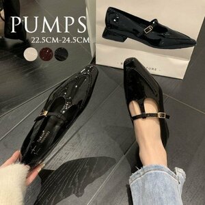 レディース パンプス ミュール 靴 エナメル 低めヒール ワインレッド 黒 ホワイト ブラック 23.5cm(37) 黒