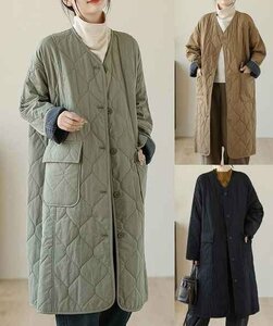 ロングコート アウター カジュアル ノーカラージャケット ゆったり 秋冬【大きいサイズあり】 XL ブラック