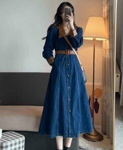 デニムワンピ フリル ロングスカート かわいい カジュアル デニム 【大きいサイズあり】 5XL ブルー