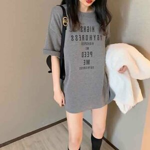 トップス Tシャツ ロングタイプ 韓国 レディースファッション 夏 M グレー