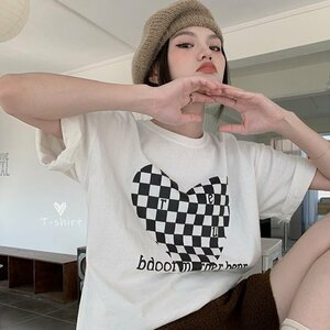 トップス Tシャツ ゆるい ハート チェック柄 韓国ファッション 半袖 L グレー