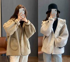  fur coat long sleeve outer jacket feather woven .... lovely casual [ large size equipped ] 2XL eggshell white 