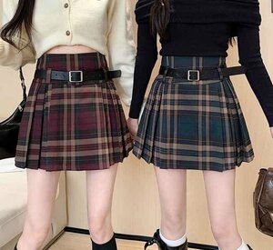  miniskirt frill skirt check pattern lovely .. pattern casual autumn winter bottoms S green 