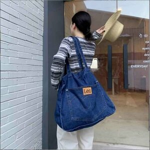 キャンバスバッグ 韓国風ショルダーバッグ 大容量ファッションショッピングバッグ フリー ネイビーブルー