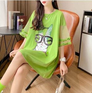 韓国風 女夏新しい 大きいサイズ半袖Tシャツ 気質ファッションTシャツ 学生Tシャツ 2XL グリーン