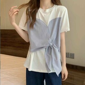 半袖Tシャツ ストライプ柄 韓国ファッション レディース XL ホワイト×ブルー