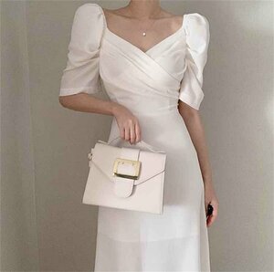 ロングスカート ワンピース シンプル かわいい系 薄手生地 半袖 ドレス M ホワイト