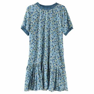 M~4XL 大きいサイズ 花柄 ミニスカート シフォン 半袖 ワンピース 大人気 L ブルー