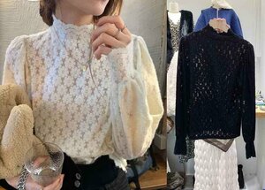 長袖トップス 長袖カットソー レース かわいい シンプル 秋冬【大きいサイズあり】 XL ベージュ