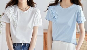 全2色 半袖Ｔシャツ 体型カバー 着痩せ 切り替え フリル ビジュー付き 【大きいサイズあり】 sweet系 XL ブルー