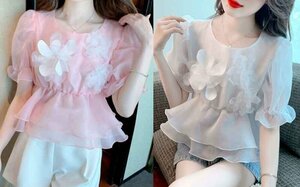  all 2 color short sleeves tops volume sleeve short frill body type cover put on ..sweet series L pink 