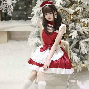 コスプレ メイド服 エプロン ロリータ チャイナ風 クリスマス衣装 4set 3L レッド