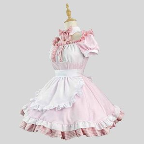 S～6L大きいサイズ★可愛いチエック柄切替コスプレ レース切替メイド服 エプロン 4set 6L ピンクの画像4