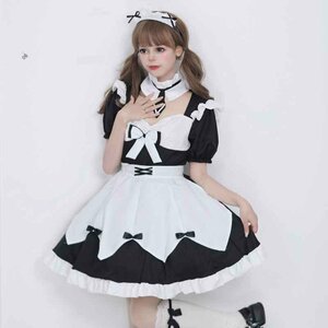 S～6L大きいサイズ★可愛いレース切替コスプレ レース切替メイド服 エプロン 4set 5L ブラック