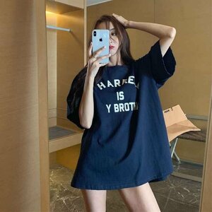 春夏 トップス Tシャツ ゆったり 韓国風 レディースファッション M ネイビー