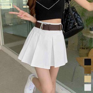  Mini box skirt pleat belt attaching beautiful legs miniskirt S Brown 